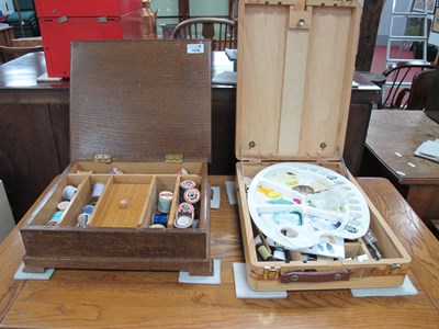 Lot 1538 - Oak sewing box with cotton reels, together...