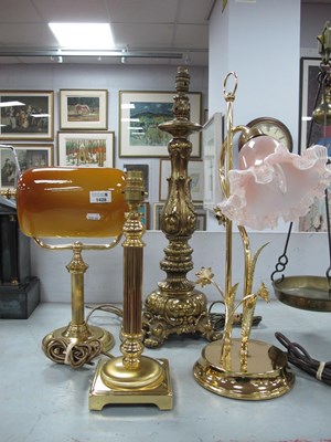 Lot 1428 - Four brass table lamps two with glass shades...