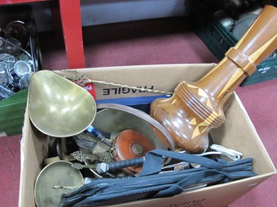 Lot 1097 - Brass set of scales, jam pan and toasting fork,...