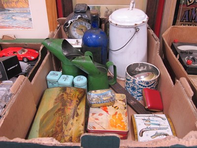 Lot 1015 - Enamelled Pail, oil cans, tins, crib board,...