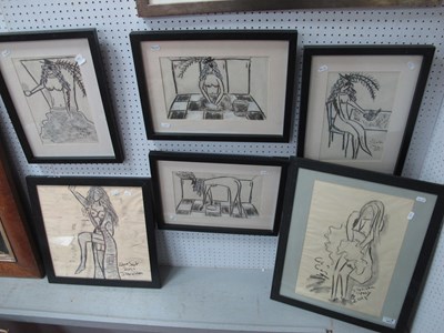 Lot 1417 - J Hailden Six Mixed Media Pictures of Scantily...