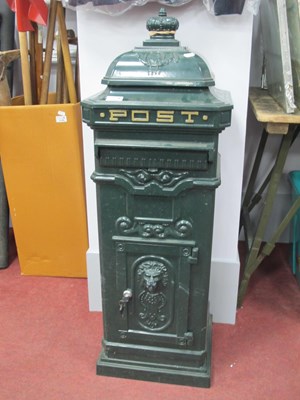 Lot 1123 - A Green Painted Post Box, with a finial top,...