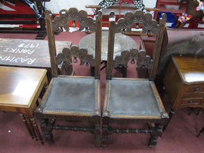 Lot 1473 - Pair of XVII Century Style Oak Chairs, with...