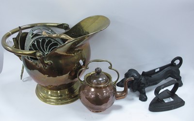 Lot 1402 - Brass Helmet Coal Bucket, trivet, flat iron,...