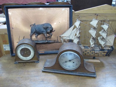 Lot 1013 - Model Galleon, two clocks, copper wall picture.