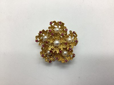 Lot 207 - A Ruby and Pearl Set Flowerhead Brooch, of...