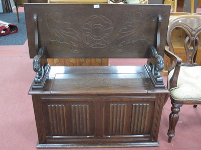 Lot 1510 - Oak Monks Bench, with rose carved back,...