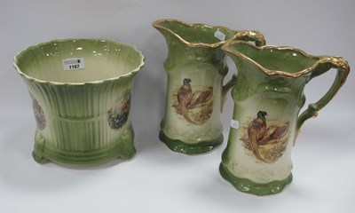 Lot 1167 - Pair of Pottery Pheasant Pictorial Jugs, and...