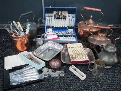 Lot 1002 - Copper kettles, pots, bowl and trinket dish...