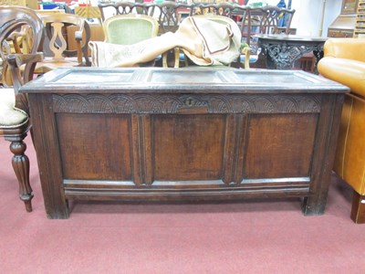 Lot 1508 - XVIII Century Oak blanket box with half wheel...