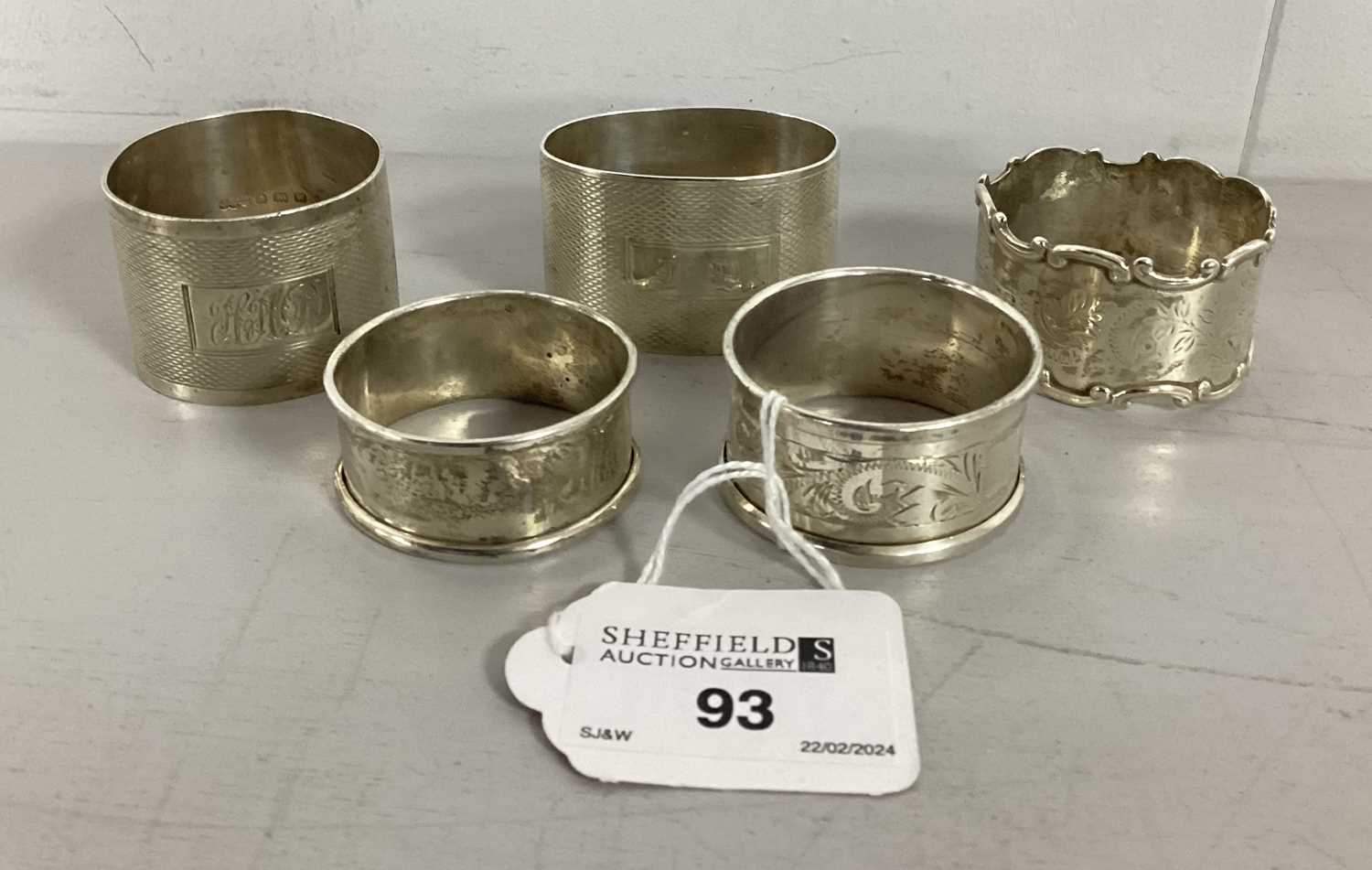 Lot 93 - Five Hallmarked Silver Napkin Rings, (various...
