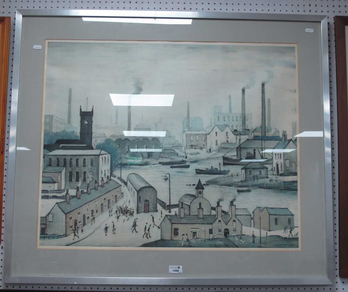 Lot 1456 - L.S. Lowry, 'Canal and Factories' coloured...