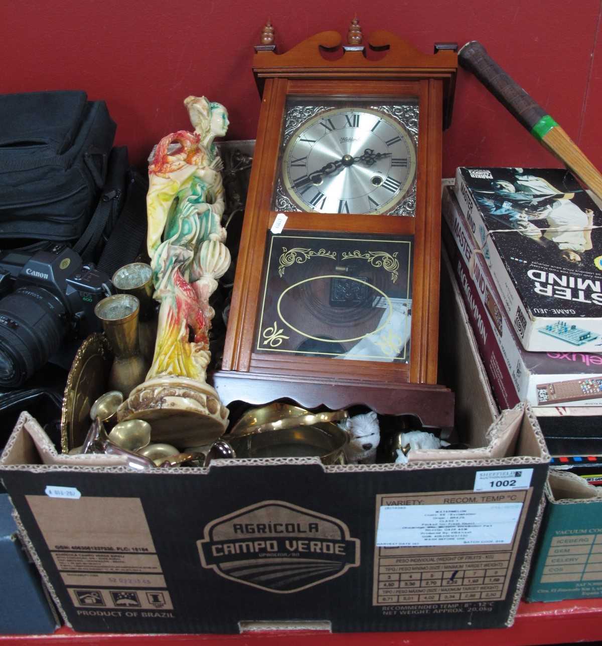 Lot 1002 - Highlands wall clock, brassware etc :- One box.