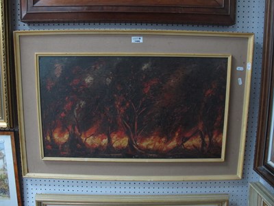 Lot 1466 - South African School, burning bushland, oil on...