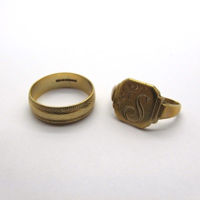 Lot 215 - A 9ct Gold Patterned Band, (finger size N)...