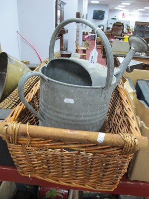 Lot 1049 - Galvanized Watering Can Stamped Apex, cane basket