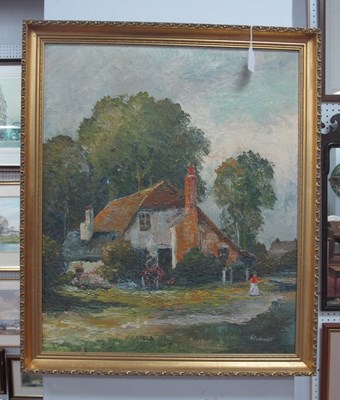 Lot 1467 - D'Ambrosio, Lady Standing Outside Cottage, oil...