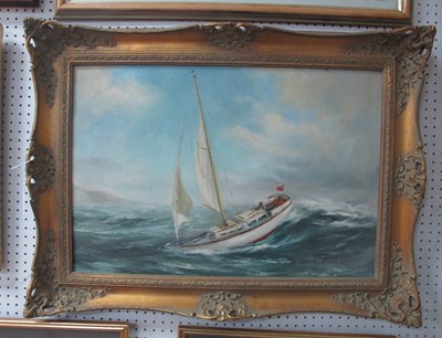 Lot 1450 - D'Ambrosio, Yacht in Choppy Seas, oil on board,...