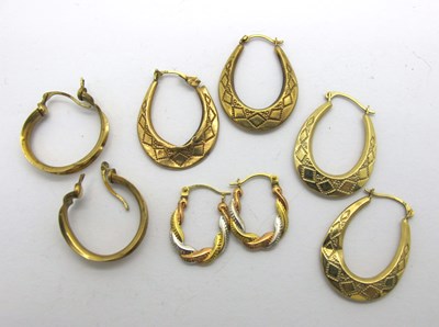 Lot 179 - Four Pairs of Modern Creole / Hoop Earrings,...