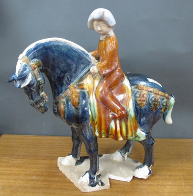 Lot 1329 - Chinese Pottery Tang Horse with Rider, 43cm high.