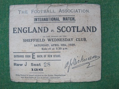 Lot 643 - 1920 England Football Ticket, for The...