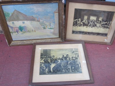 Lot 1007 - 1958, Buildings with Figures in foregound, oil...