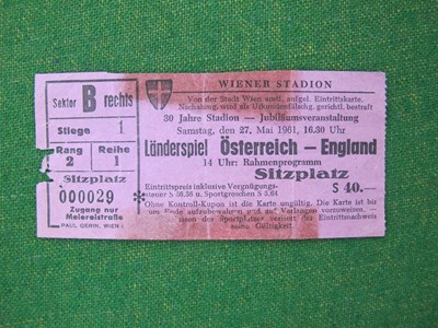 Lot 650 - 1961 Austria v. England, football ticket for...