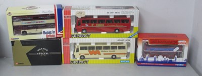 Lot 444 - Five 1:50th Scale Diecast Model Buses by Corgi,...