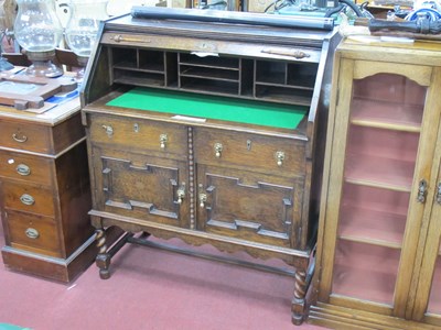 Lot 1548 - 1930's Oak Bureau, with tambour front, fitted...