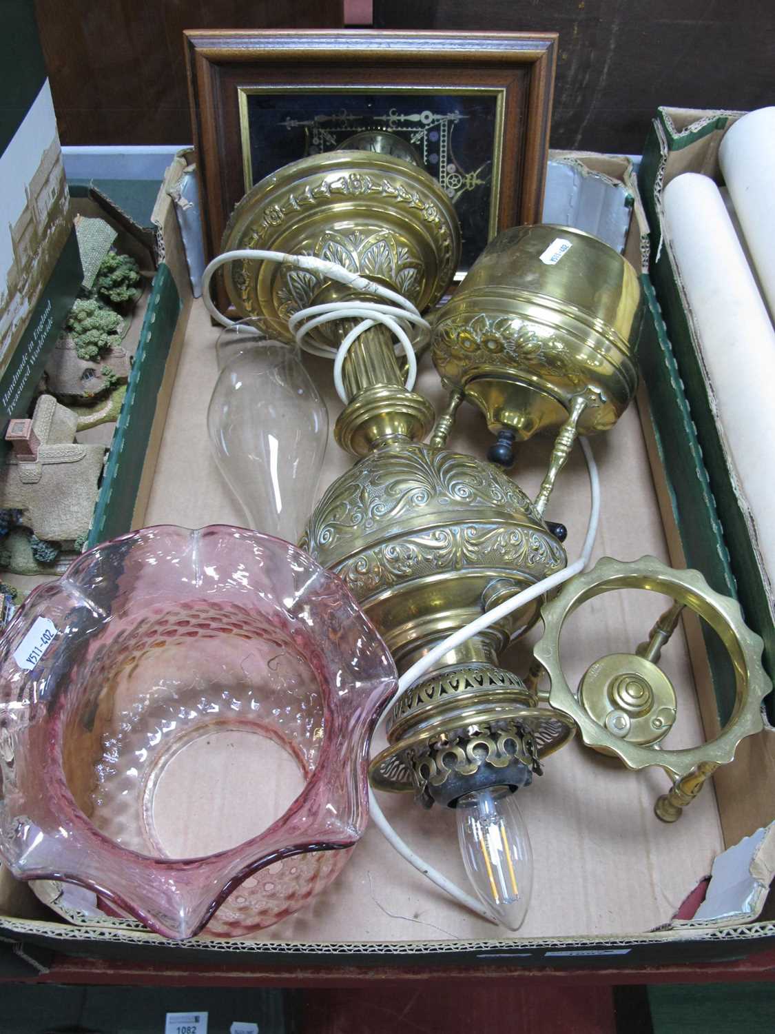 Lot 1067 - Brass Based Oil Lamp, with fluted pink shade...