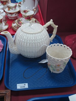 Lot 1220 - Belleek China Teapot, ribbed globular body,...