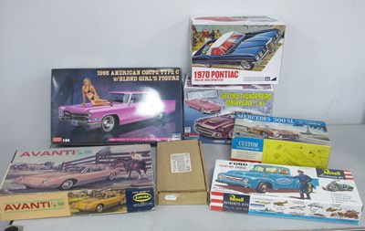 Lot 474 - Seven Plastic Model Car Kits by Monogram,...