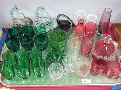 Lot 1173 - Glassware - Cranberry lidded jar, custard and...