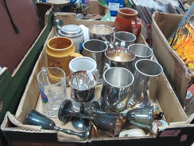 Lot 1118 - Tankards in Pewter, pottery glass and wood....