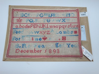 Lot 1353 - Sampler dated 'December 1893' with embroidered...