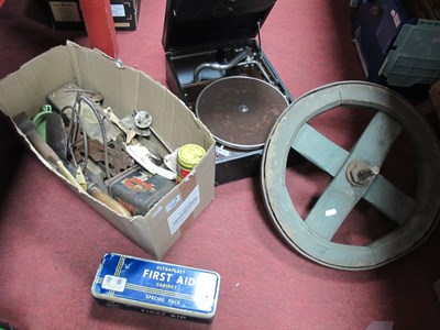 Lot 1035 - HMV 78prm Record Player, old cart wheel, box...
