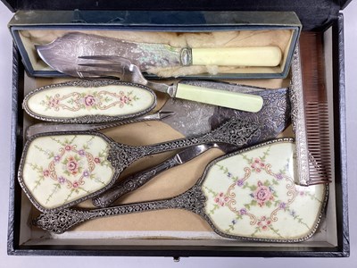 Lot 47 - Vintage Needlepoint Dressing Table Set, fish...