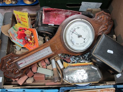 Lot 1100 - Oak Barometer, lotts bricks, lead soldiers,...