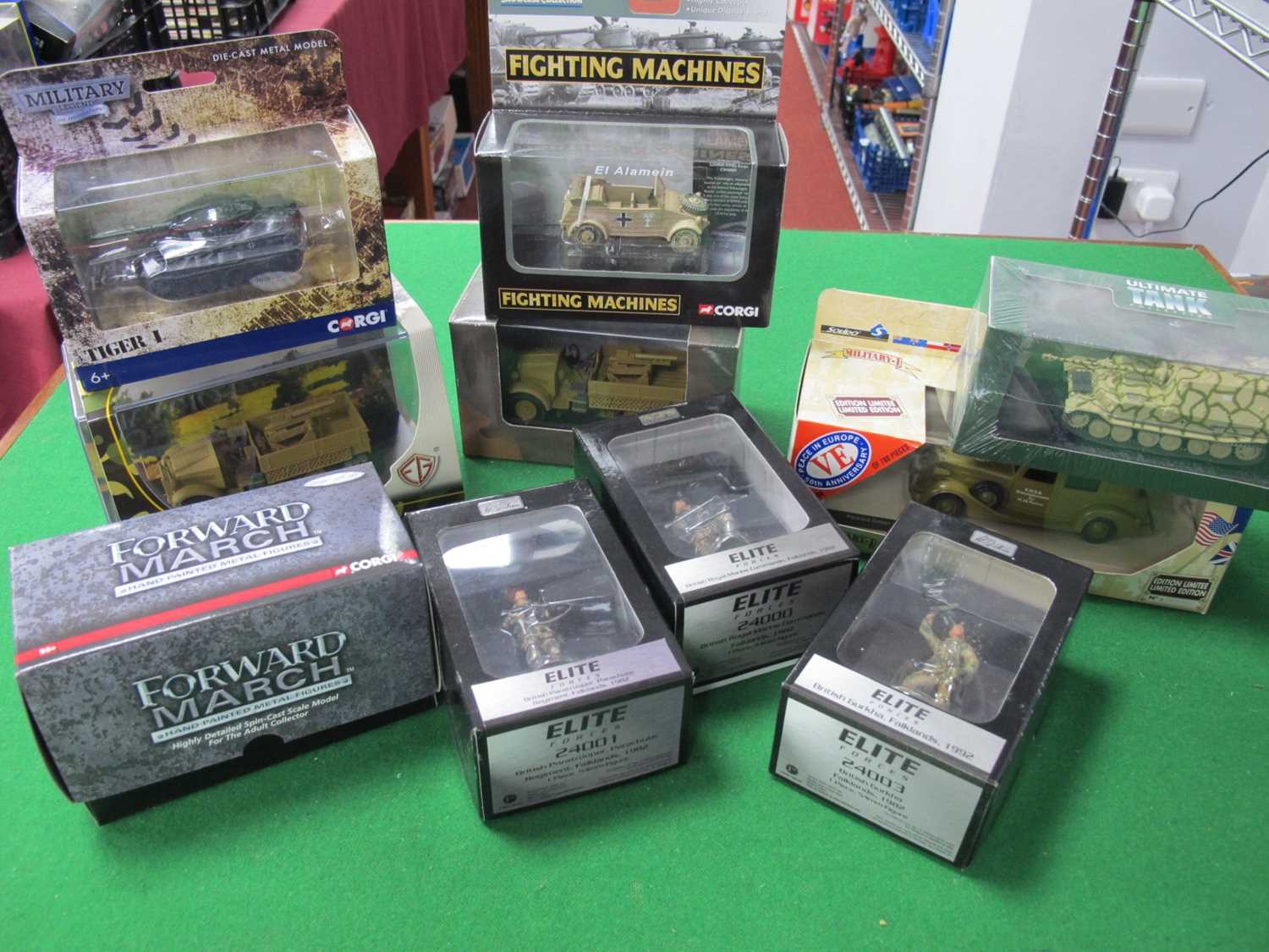 Lot 693 - Ten military themed diecast model vehicles and...