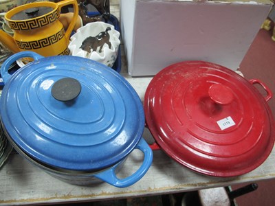 Lot 1119 - Blue Enamel Oval Pan with Lid, shallow red...