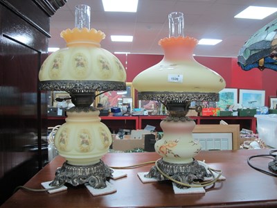 Lot 1536 - Two Cream Glass Table Lamps, as oil lamps (2).