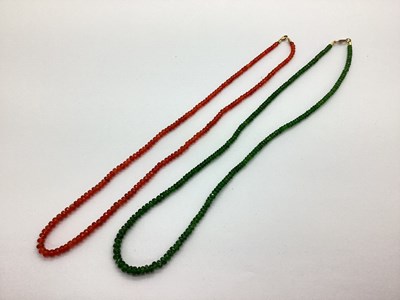Lot 181 - A Green Faceted Bead Necklace, clasp stamped...