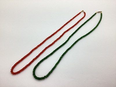 Lot 179 - A Green Faceted Bead Necklace, clasp stamped...