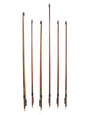 Lot 1327 - Six P&H London Violin Bows, in various woods...