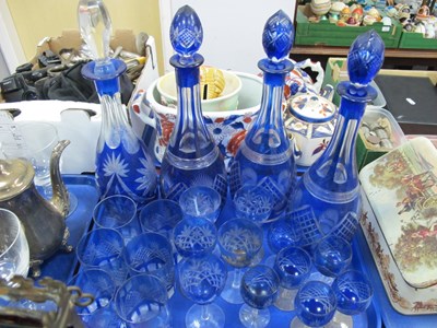 Lot 1308 - Four Blue Flash Glass Decanters (one stopper...