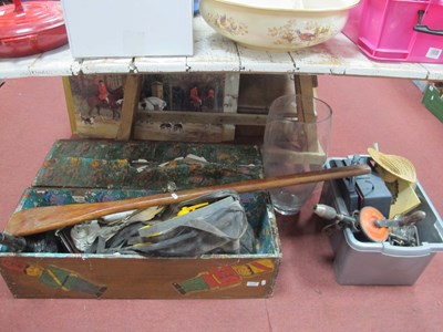 Lot 1121 - Tools, books, measuremeter, box, large glass...