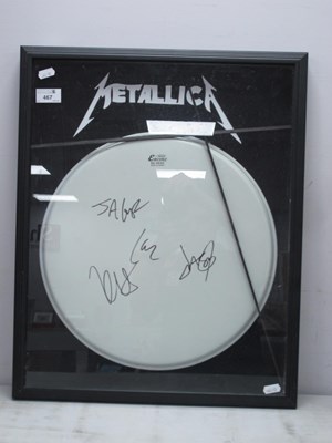 Lot 467 - Metallica Signed Drum Skin, framed and mounted...