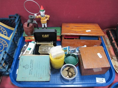 Lot 1408 - Coinage, money box, cuff links, watch, etc:-...