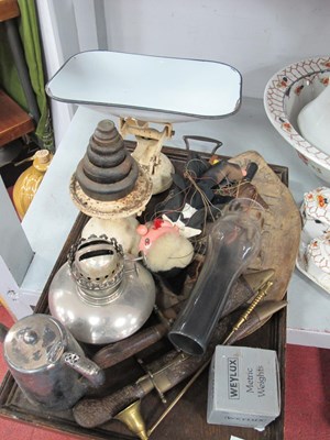 Lot 1479 - Scales and Weights. Pelham puppet, oil lamp,...