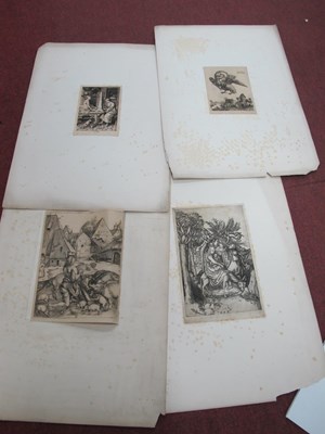 Lot 1534 - Early Engravings, to include table top harp,...